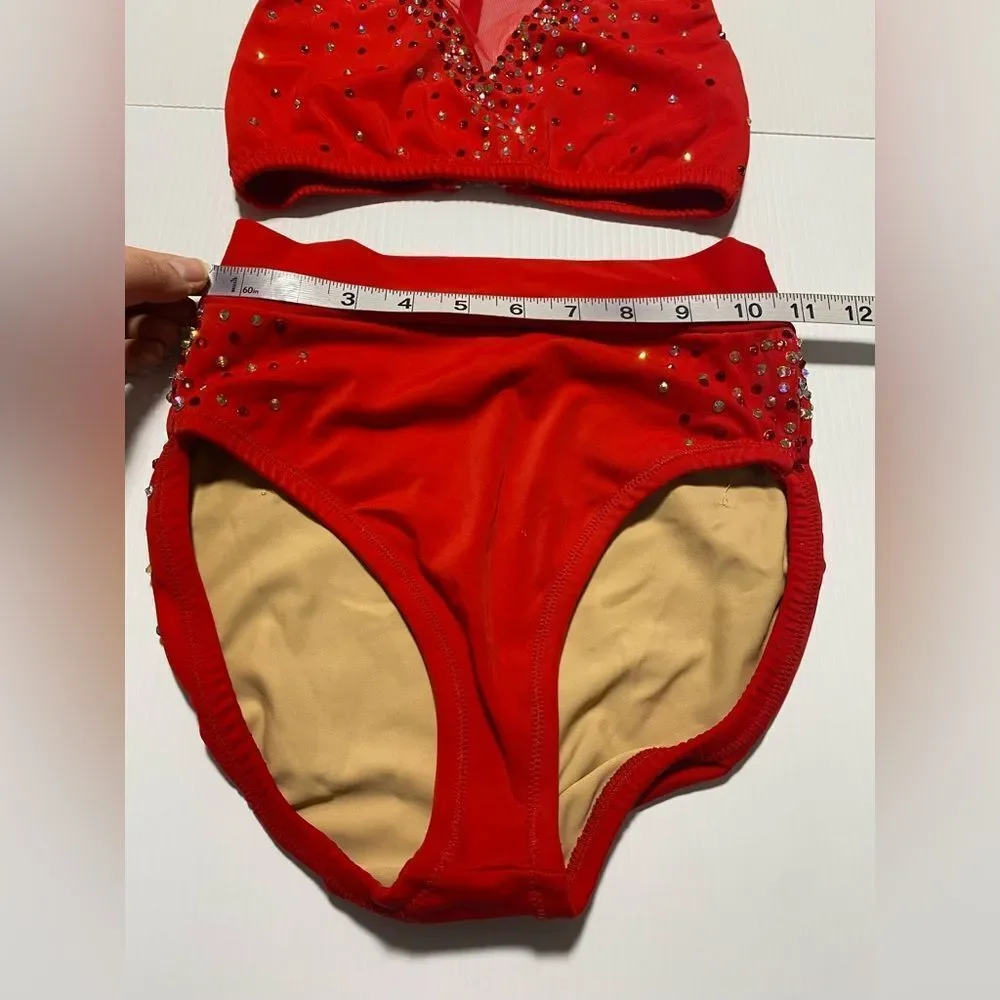 Custom dance solo costume red 2 piece rhinestoned illusion bling XSA adult